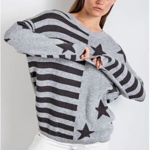 Easel Oversized Soft Knit Stars Stripes Print Pullover Sweater Boho Chic New